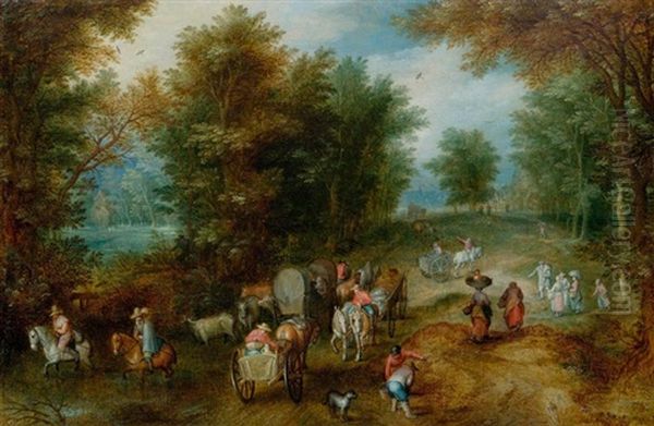Waldweg Mit Pferdefuhrwerken, Reitern Und Kuhen Oil Painting by Jan Brughel