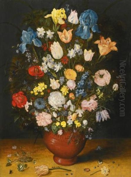 Still Life With Irises, Tulips, Roses, Narcissi And Fritillary In A Ceramic Vase Oil Painting by Jan Brughel