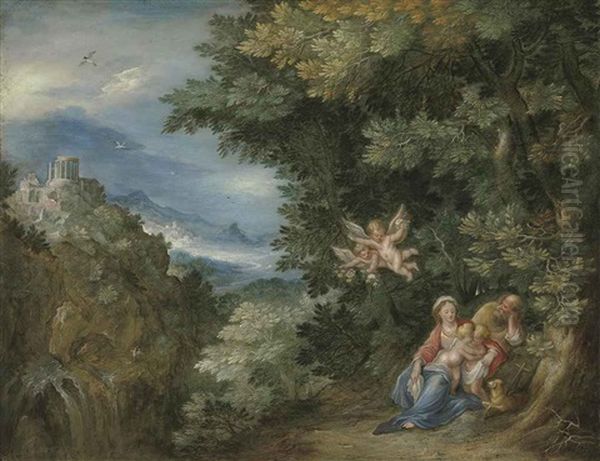 The Rest On The Flight Into Egypt With Saint John The Baptist, The Temple Of The Sibyl At Tivoli In The Distance Oil Painting by Jan Brughel