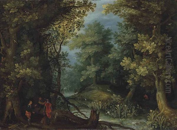 Hunters With Hounds By A Stream In A Wooded Landscape Oil Painting by Jan Brughel