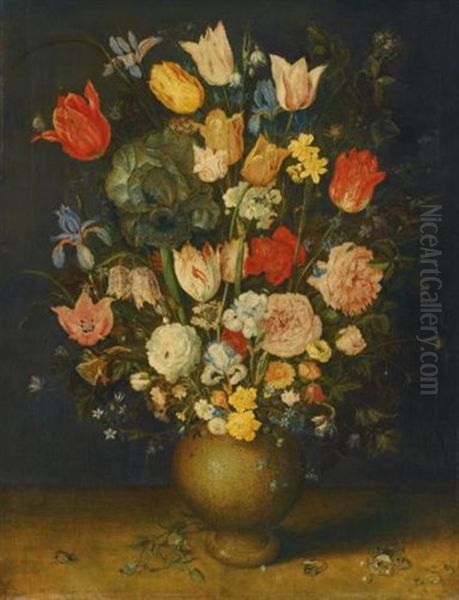 Still Life With Tulips, Roses And Irises In An Unpainted Clay Vase, And A Brooch, Ring And Beetle On A Ledge Oil Painting by Jan Brughel