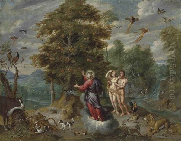 A Wooded Landscape With God Showing Adam And Eve The Tree Of Knowledge, Surrounded By Animals Oil Painting by Jan Brughel