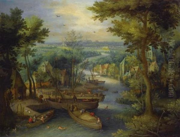 An Extensive River Landscape With Villagers Swimming And Loading Boats Beside A Village Oil Painting by Jan Brughel