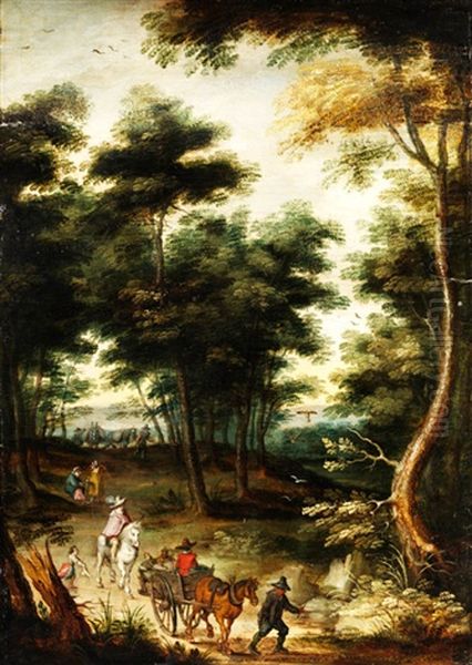 Pferdekarren Und Schimmelreiter Auf Einem Waldweg Oil Painting by Jan Brughel