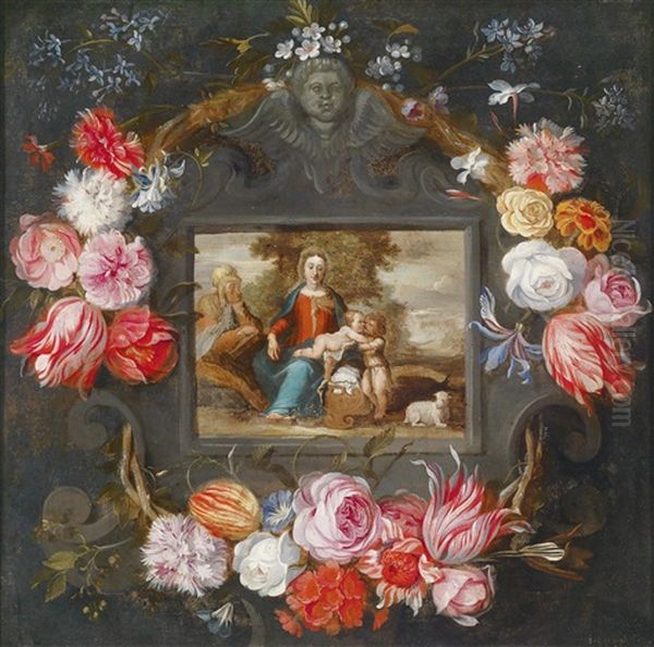 Schule Blumengirlande Um Ein Kartuschenbild Mit Maria, Dem Kind, Der Heiligen Elisabeth Und Dem Johannesknaben Oil Painting by Jan Brughel