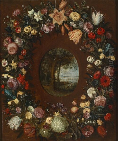 Blumenkranz Um Ein Medaillon Mit Einer Flusslandschaft Oil Painting by Jan Brughel