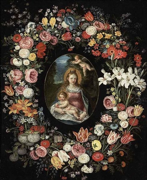 The Virgin And Child In A Feigned Cartouche, Surrounded By A Garland Of Flowers Oil Painting by Jan Brughel