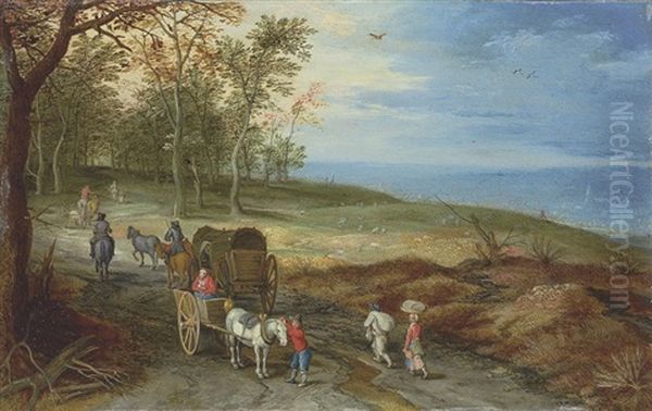 A Wooded Landscape With Peasants And Horse Carriages On A Path Oil Painting by Jan Brughel
