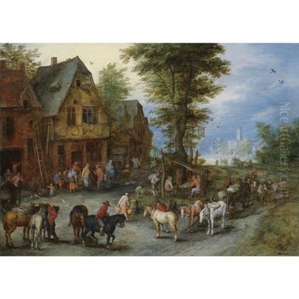 A Village Landscape With Horses, Carts And Figures Before Cottages Oil Painting by Jan Brughel