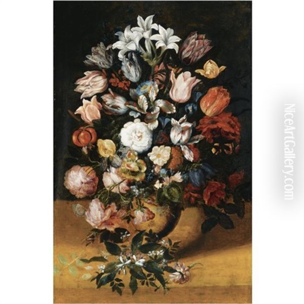 Still Life Of Parrot Tulips, Morning Glory, Roses, Peonies, Lilies, Snowdrops And Other Flowers In A Stone Vase, Together With A Butterfly Oil Painting by Jan Brughel