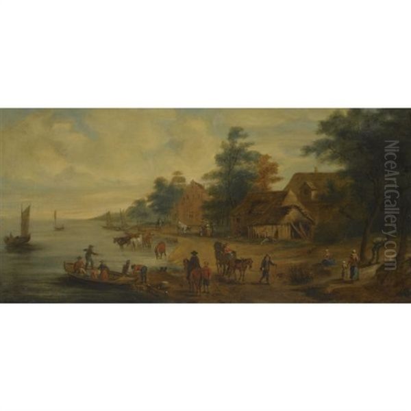 A Village Landscape With Figures Passing Along A River Bank Oil Painting by Jan Brughel