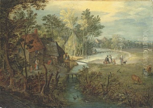 A River Landscape With Cottages, Figures And Cattle On A Bank Oil Painting by Jan Brughel