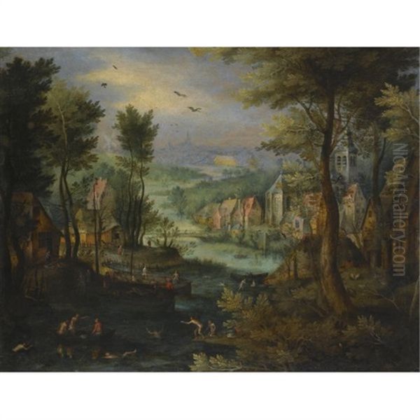 A River Landscape With Figures Bathing And A Village Beyond Oil Painting by Jan Brughel