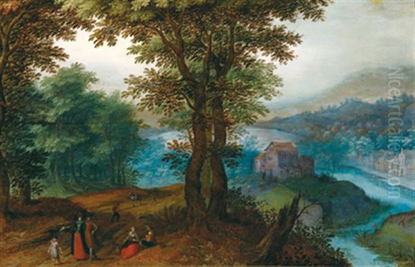 Bewaldete Landschaft Mit Einem Flusschen Und Wanderern Oil Painting by Jan Brughel