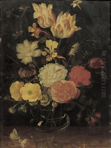 Tulips, Roses, Violets And Other Flowers In A Glass Vase On A Wooden Ledge Oil Painting by Jan Brughel
