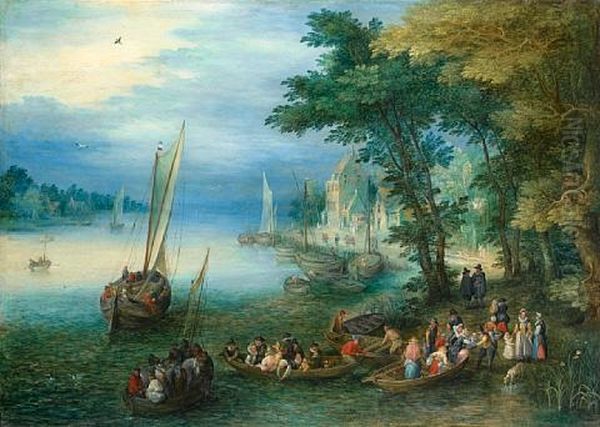 A River Landscape With Figures Disembarking From A Ferry Oil Painting by Jan Brughel