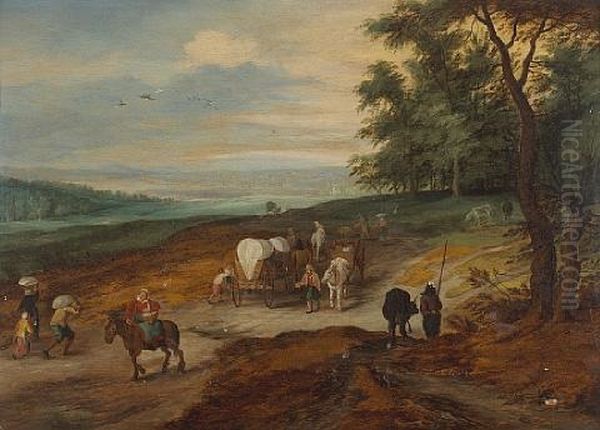 An Extensive Landscape With Travelers On A Track Oil Painting by Jan Brughel