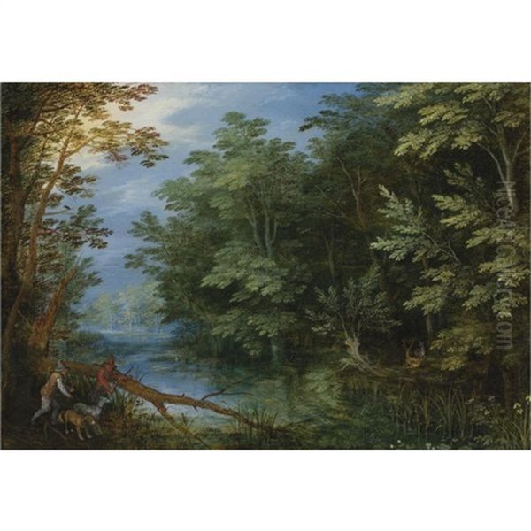 A Wooded River Landscape With Sportsmen Oil Painting by Jan Brughel