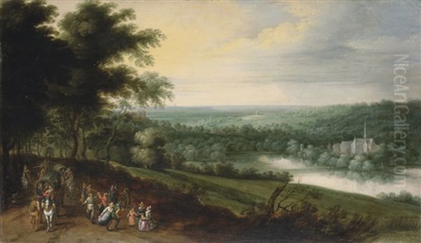 A Landscape With Figures And Waggons On A Path Oil Painting by Jan Brughel