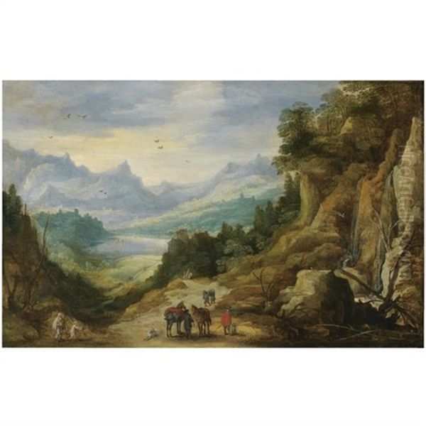A Distant Mountainous Landscape With Cavaliers Oil Painting by Jan Brughel
