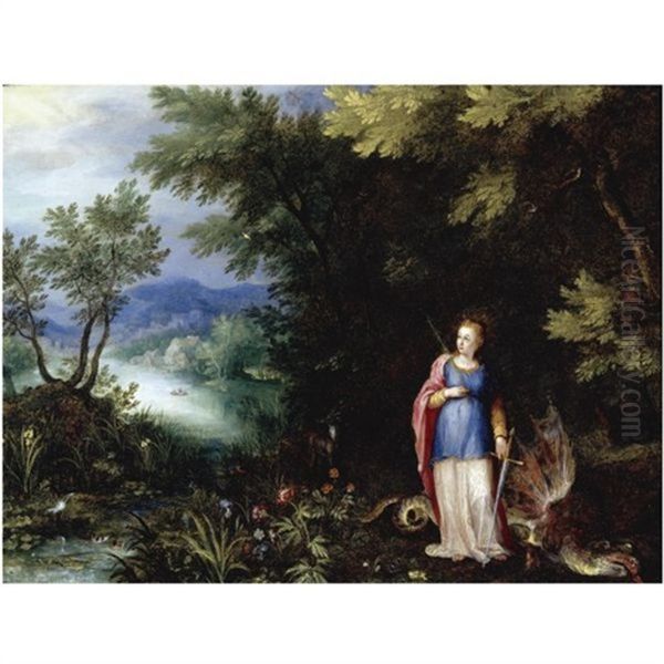 Saint Margaret And The Dragon In An Extensive River Landscape Oil Painting by Jan Brughel