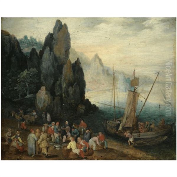 A Rocky Coastal Landscape With Fishermen Unloading Their Catch, Craggy Mountains Beyond Oil Painting by Jan Brughel