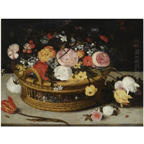 Still Life Of Roses, Tulips, Chrysanthemums, Anemones And Other Flowers, All In A Basket On Stone Ledge, Together With A Lady-bird And A Tiny Beetle Oil Painting by Jan Brughel