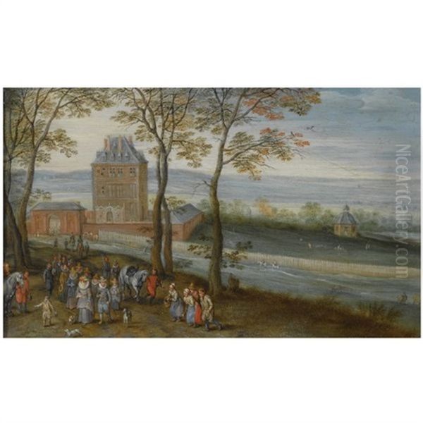 An Extensive Landscape With A View Of The Castle Of Mariemont, A Procession With The Archduke Albrecht, His Wife Isabella And Other Figures In The Foreground Oil Painting by Jan Brughel
