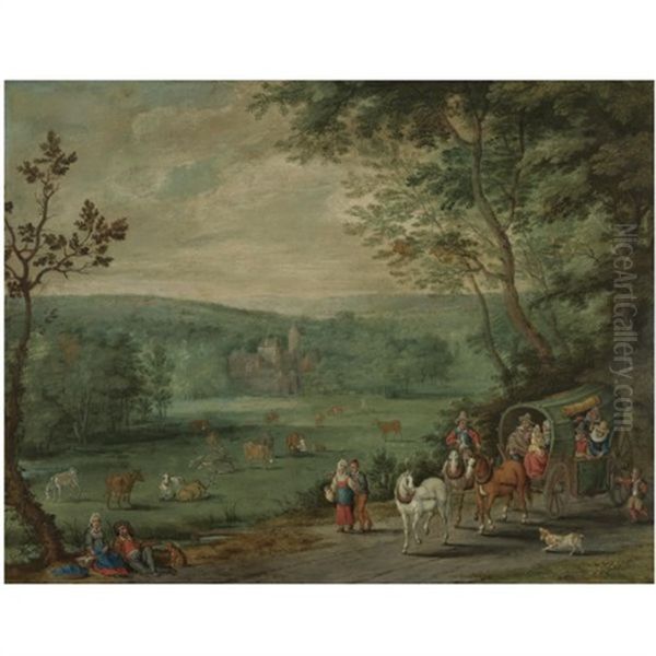 Wooded Landscape With Travellers In A Horse And Cart On A Path, A Chateau Beyond Oil Painting by Jan Brughel