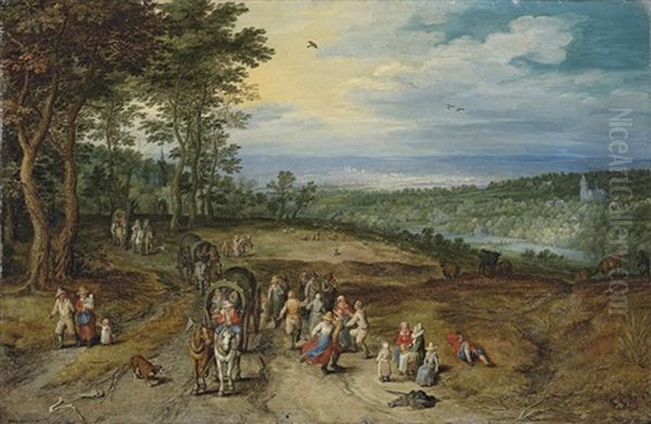 An Extensive Wooded Landscape With Travellers On A Track And Peasants Dancing In The Foreground Oil Painting by Jan Brughel