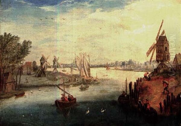 Paysage De Riviere Au Moulin (after Jan Brueghel De Velours) Oil Painting by Jan Brughel