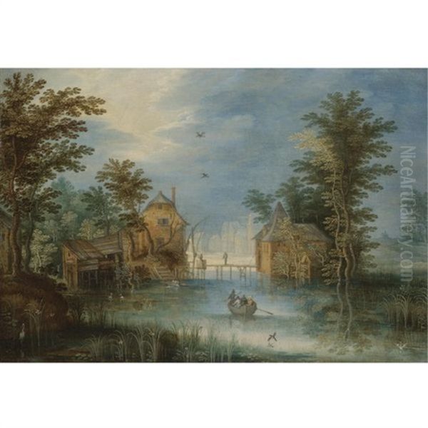 A River Landscape With Figures In A Rowing Boat Before A Village Oil Painting by Jan Brughel