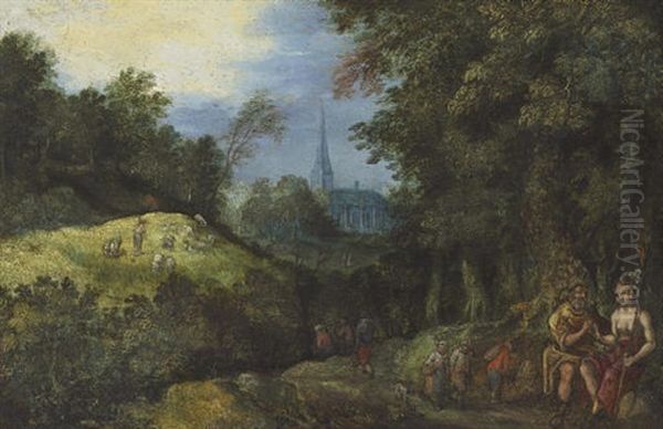Figures In A Wooded Landscape Oil Painting by Jan Brughel