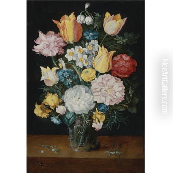 Still Life Of Tulips, Roses, Narcissus, Forget-me-nots, A Carnation And Other Flowers In A Glass Vase, Resting On A Table With A Sprig Of Rosemary And An Insect Oil Painting by Jan Brughel