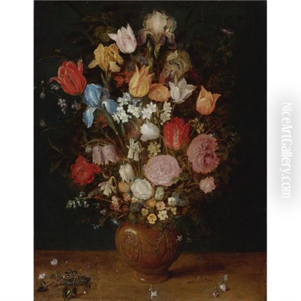 Still Life With Tulips, Irises, Narcissi And Fritillaria In A Clay Vase Oil Painting by Jan Brughel