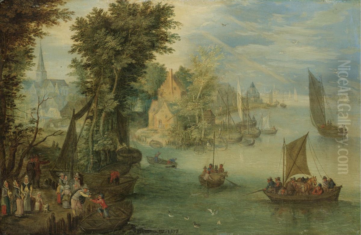 River Landscape With Figures On A Quay Before A Town Oil Painting by Jan Brughel