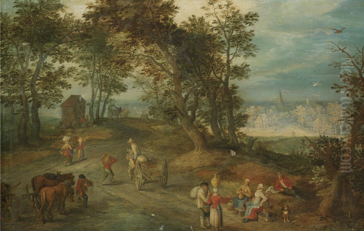 Landscape With Figures On A Road Through A Wood Oil Painting by Jan Brughel