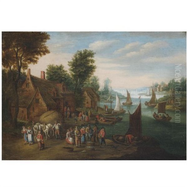 A River Landscape With Fisherman Unloading Their Catch Near A Village Oil Painting by Jan Brughel