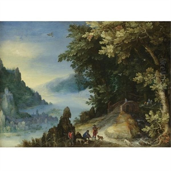 A Mountainous River Landscape With Travellers On A Hill Overlooking A Distant Town Oil Painting by Jan Brughel