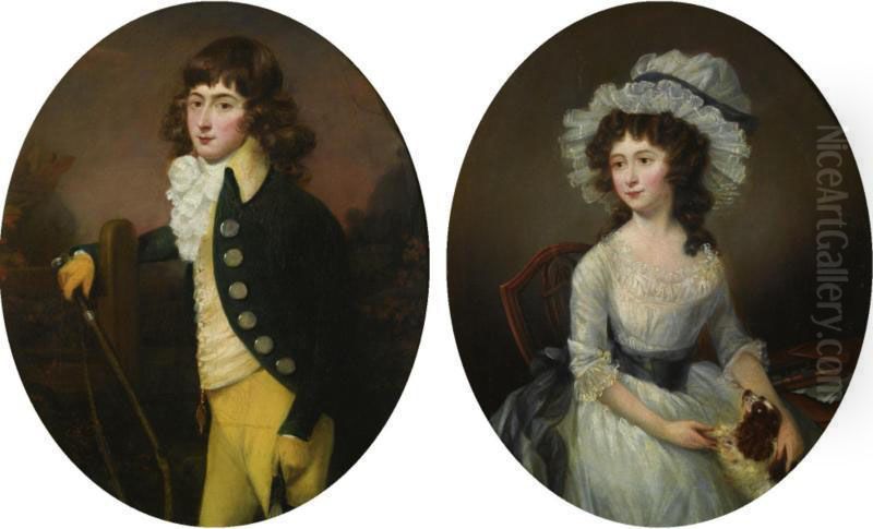 Three Quarter Length Portraits Of Master Harry Croft And Hissister. Miss Sarah Croft: A Pair Of Paintings Oil Painting by Francis Alleyne