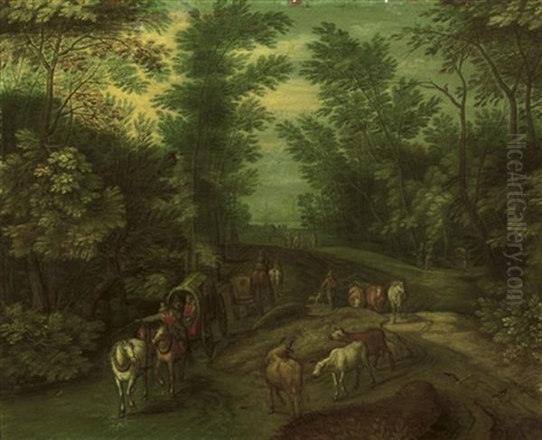 A Wooded Landscape With Travellers In A Horse-drawn Carriage And A Cowherd With His Cattle On A Track Oil Painting by Jan Brughel