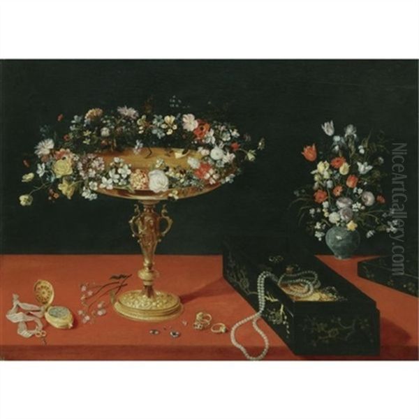 Still Life With A Garland Of Flowers On A Gold Tazza, A Box Of Jewellery, A Gold Pocket Watch And A Vase Of Flowers, All Arranged On A Table Draped In Red Oil Painting by Jan Brughel