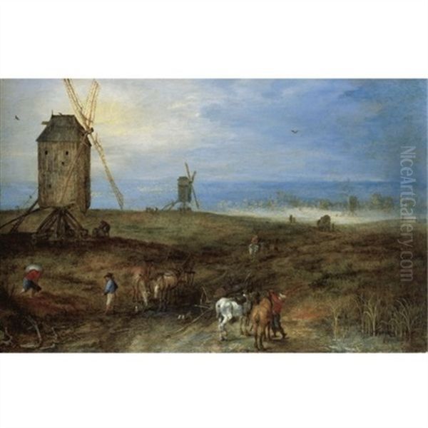 An Open Landscape With Travellers Before A Windmill Oil Painting by Jan Brughel