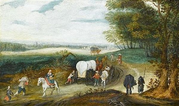 A Wooded Landscape With Travellers On A Country Path Oil Painting by Jan Brughel