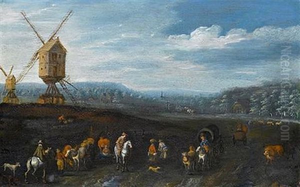 A Wooded Landscape With Travellers On Horseback On A Country Path, Windmills In The Distance Oil Painting by Jan Brughel