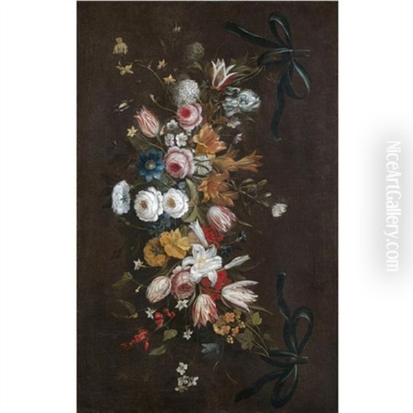 A Swag Of Roses, Tulips, Lilies, Irises, Honeysuckle And Various Other Flowers Oil Painting by Jan Brughel