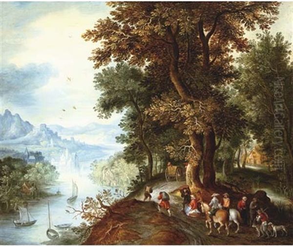 An Extensive Mountainous River Landscape With Horsemen And Figures Returning From The Falconry, Villages In The Valley Beyond Oil Painting by Jan Brughel