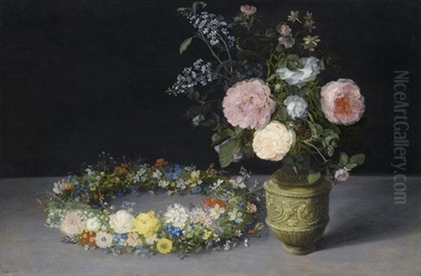 A Still Life Of Roses And Sprays Of Lilac In An Ornamental Stoneware Vase, With A Wreath Of Roses, Forget-me-nots, Jasmine, Cyclamen And Other Flowers Resting Nearby, All On A Table-top Oil Painting by Jan Brughel