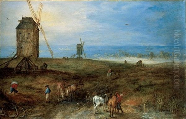 An Open Landscape With Travellers Before A Windmill Oil Painting by Jan Brughel