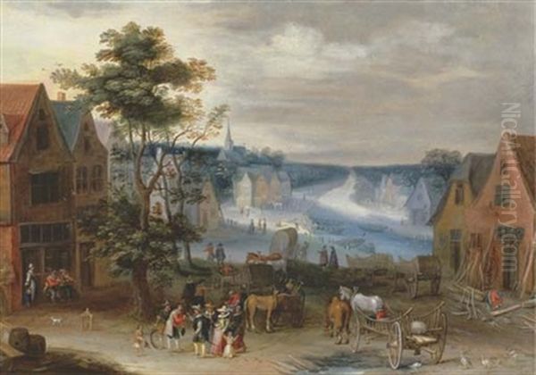A Village Scene With A Canal In The Distance (the Willebroek Canal?) Oil Painting by Jan Brughel